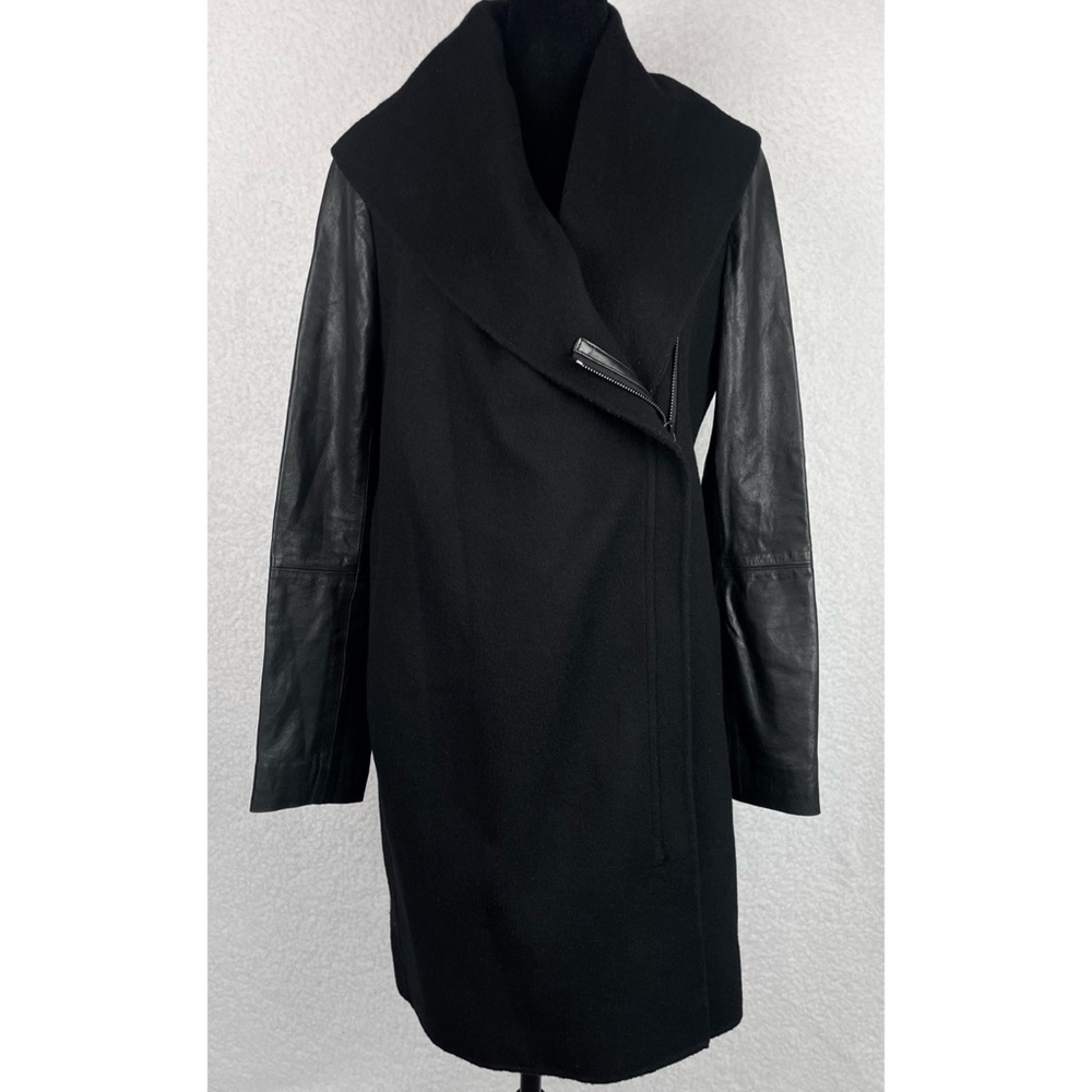 VINCE • Black Leather-Sleeve Shawl Collar Wool Trench Coat, XS - Picture 3 of 15